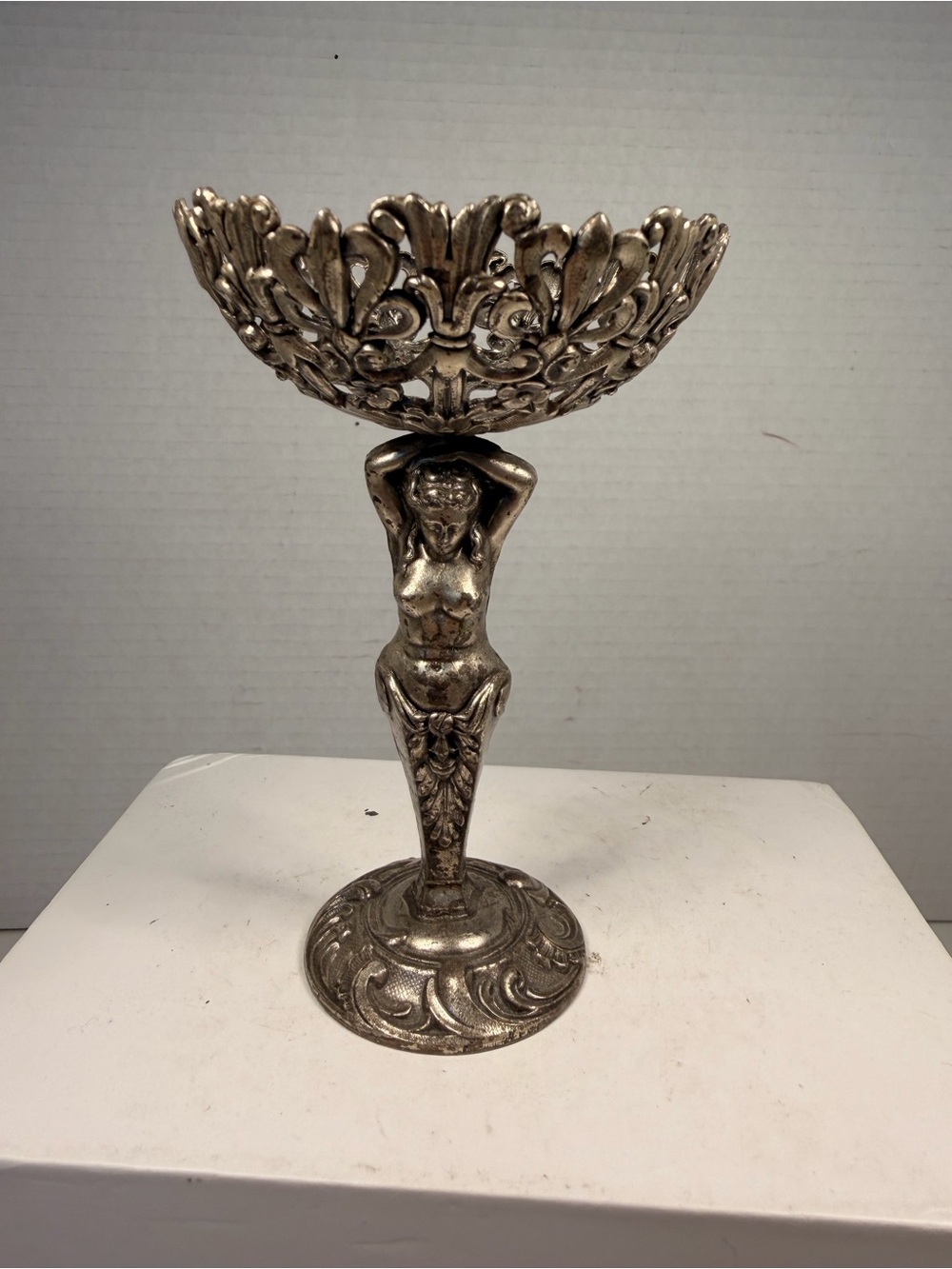 Vintage Art Nouveau Style Figural Nude Female Holding Compote Candy Dish Stand